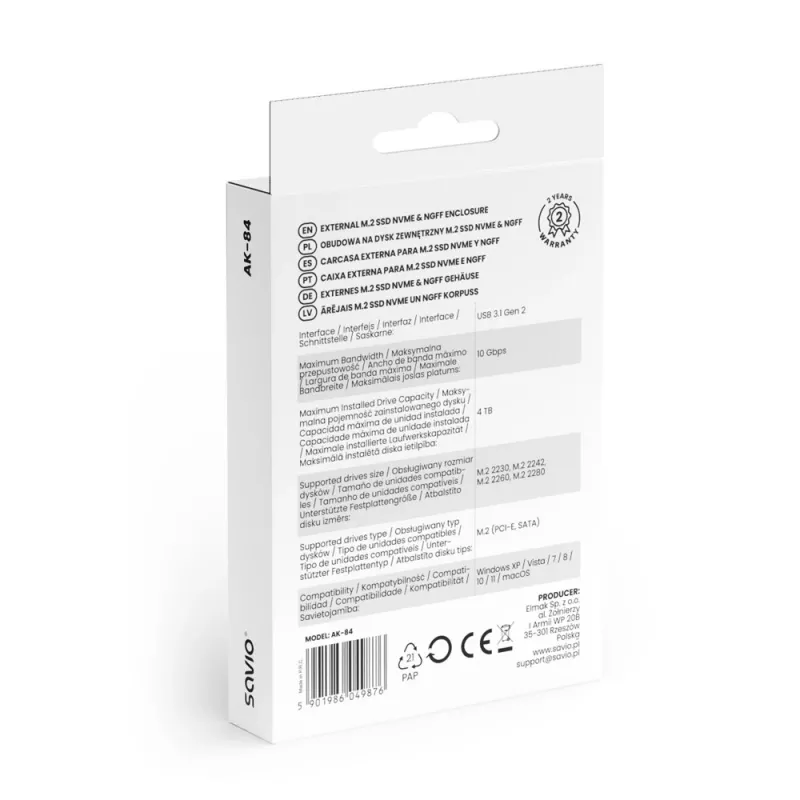 Išorinis SSD dėklas SAVIO AK-84 Juodas M.2 diskams, USB 10 Gbit/s (Type-A / Type-C), aliuminis + ABS