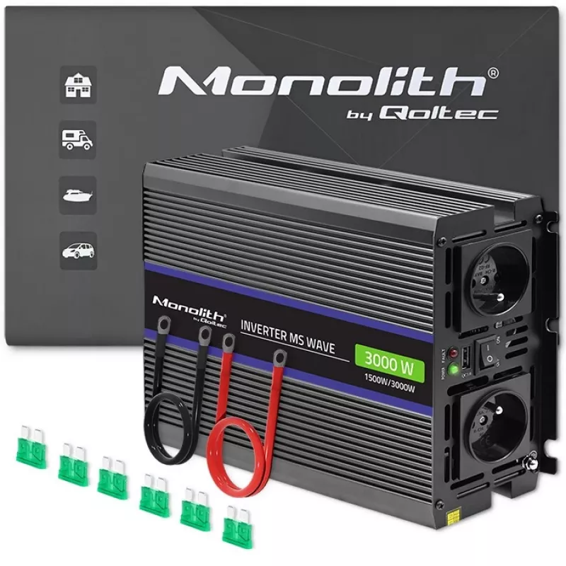 QOLTEC Monolith 3000 MS Wave keitiklis, 12V→230V, 1500/3000W, su USB