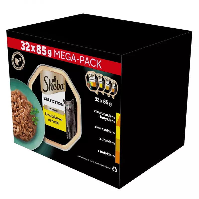 Šlapias kačių maistas Sheba padėkle Padažas Paukštiena (vištiena, kalakutiena) 32 x 85 g padėklas