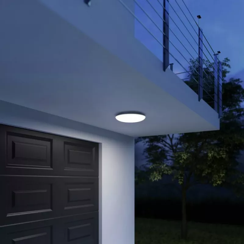 Lubinis šviestuvas Steinel DL Vario Quattro PRO S — apvalus LED šviestuvas 14 W, baltas, 310×69 mm, įmontuotas judesio daviklis