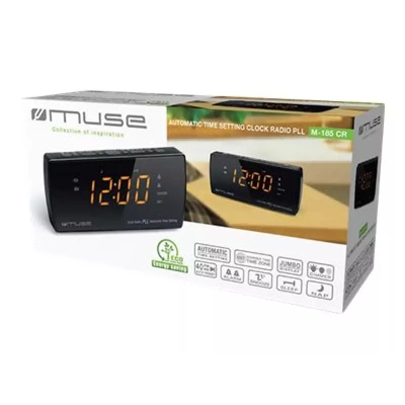 Žadintuvas radijas Muse M-185 CR – FM/MW, 0,9 col. LED ekranas, AC 230V su AAA baterijų atsarginiu maitinimu, juodas
