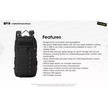 Kelioninė kuprinė Nitecore BP18 – juoda nailono/poliesterio, 240×160×470 mm