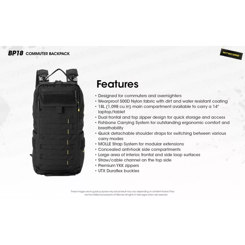 Kelioninė kuprinė Nitecore BP18 – juoda nailono/poliesterio, 240×160×470 mm