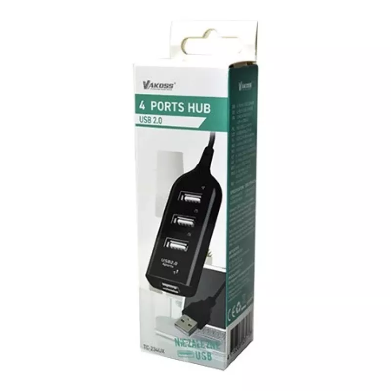 VAKOSS USB stotelė TC-234UX — 4 prievadų USB 2.0 stotelė, DC maitinimas (5V, 1A), juoda