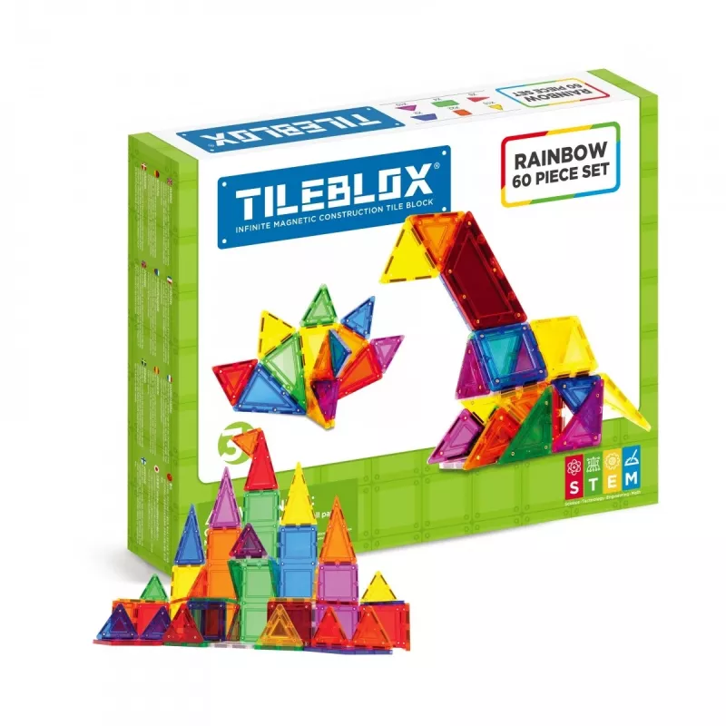 MAGFORMERS Tileblox Rainbow rinkinys 60 dalių – magnetinis konstravimo žaislas, 60 blokelių