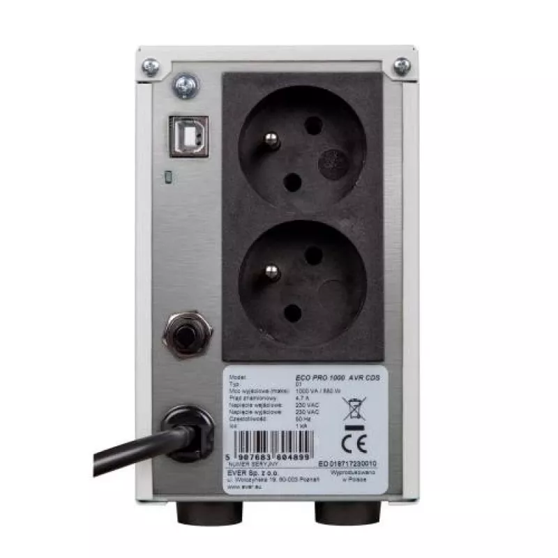 EVER ECO Pro 1000 AVR CDS - nepertraukiamo maitinimo šaltinis (UPS) - AC 230 V - 650 W - 1000 VA 5 Ah - USB - 2 lizdai - Baltas