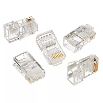 Modulinis kištukas 8P8C, skirta vientisam LAN kabeliui CAT5, UTP, 10 vnt. pakuotėje | Kištukas RJ45 8P8C, 30 µ” auksuotas, 3 šakės vidiniai kontaktai
