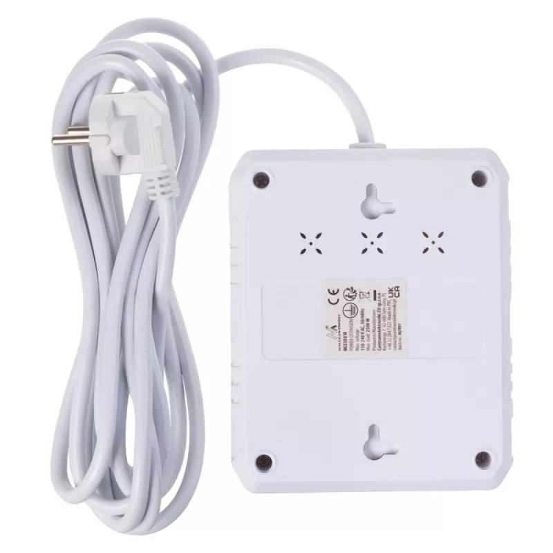 Maitinimo blokas MACLEAN MCE388 W – 2 lizdai, 3×USB, 110–240V, 2500W, 3 m laidas, baltas