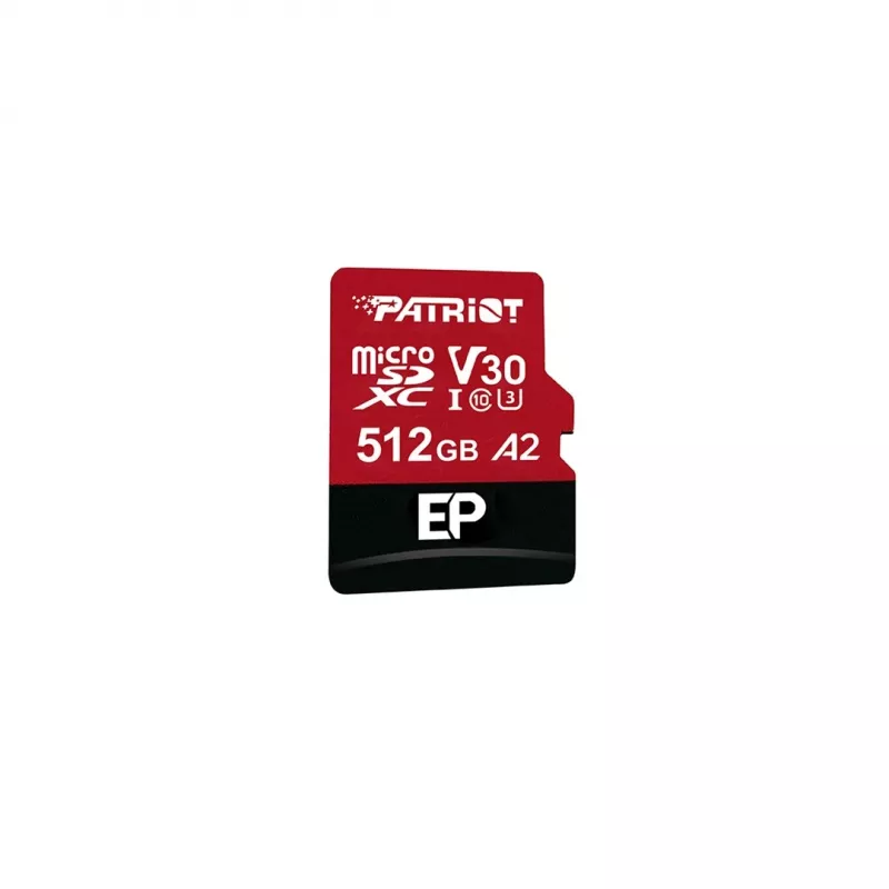 PATRIOT 512GB MicroSDXC atminties kortelė V30 U3 Class 10, skaitymas 90 MB/s, rašymas 80 MB/s, su rašymo apsaugos jungikliu