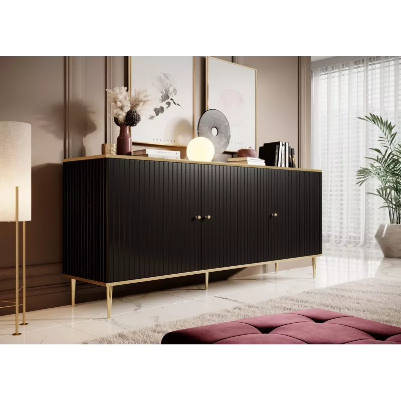 GLAMOUR komoda 180x40x75,5 cm, juoda matinė + auksas