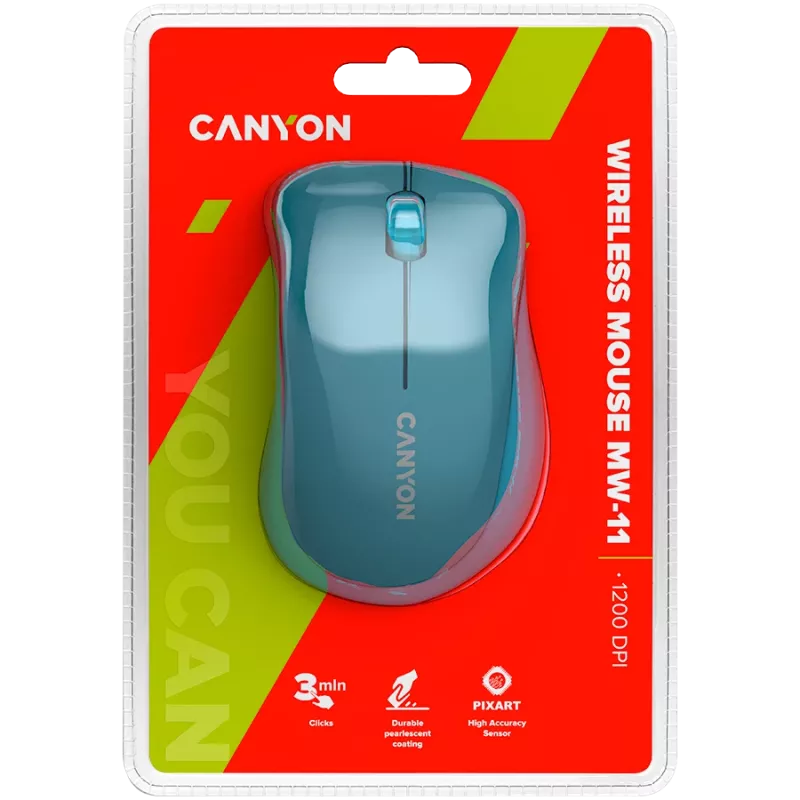 CANYON MW-11, 2.4 GHz belaidė pelė, 3 mygtukai, DPI 1200, maitinimas AAA*2 vnt., mėlyna 67*109*38 mm 0.063 kg