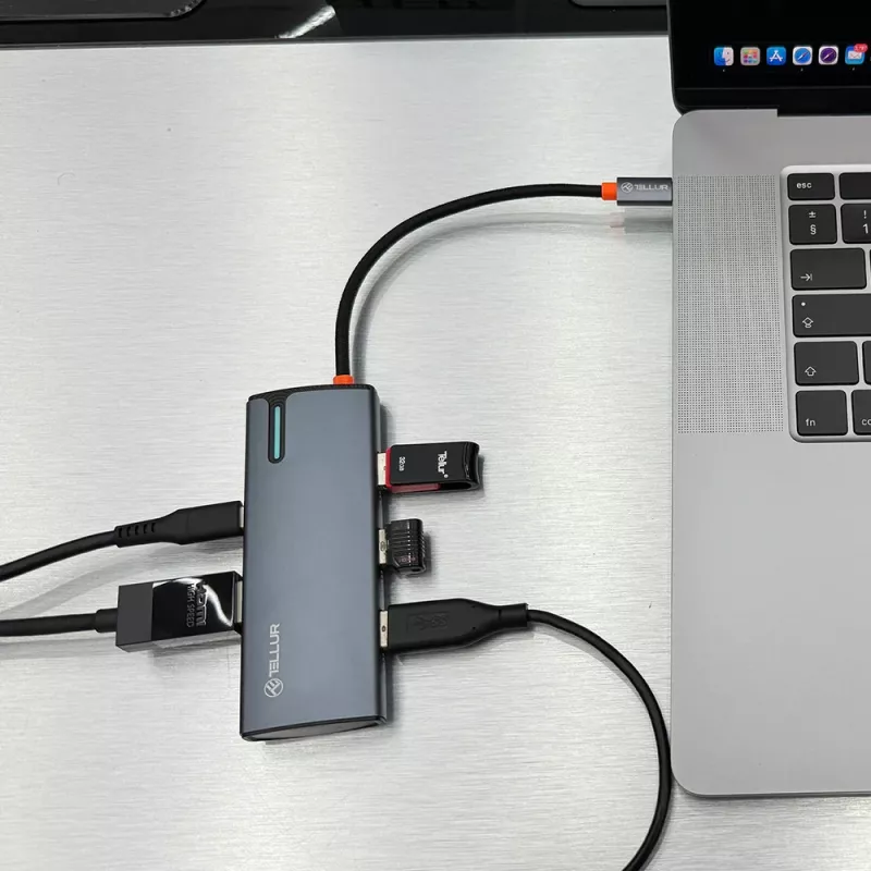 USB-C šakotuvas Tellur TLL321061 su PD 3.0 100W, HDMI išvestimi ir 3× USB 3.0 prievadais