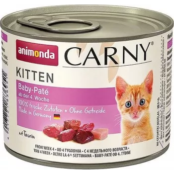 Šlapias kačių ėdalas animonda Carny Baby Paté 200 g – jautiena ir vištiena, be grūdų, kačiukams, lengvai atidaroma skardinė