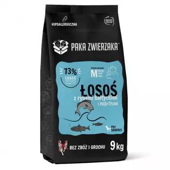 Sausas šunų ėdalas PAKA ZWIERZAKA Salmon with Baltic Fish M 9 kg — suaugusiems, be grūdų, vidutinėms ir didelėms veislėms