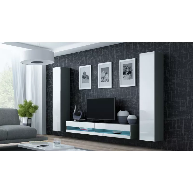 TV stovas Cama Meble VIGO NEW 30/140/40 — 1400×400×300 mm, pilkas viršus, pilkas rėmas, balti blizgūs fasadai