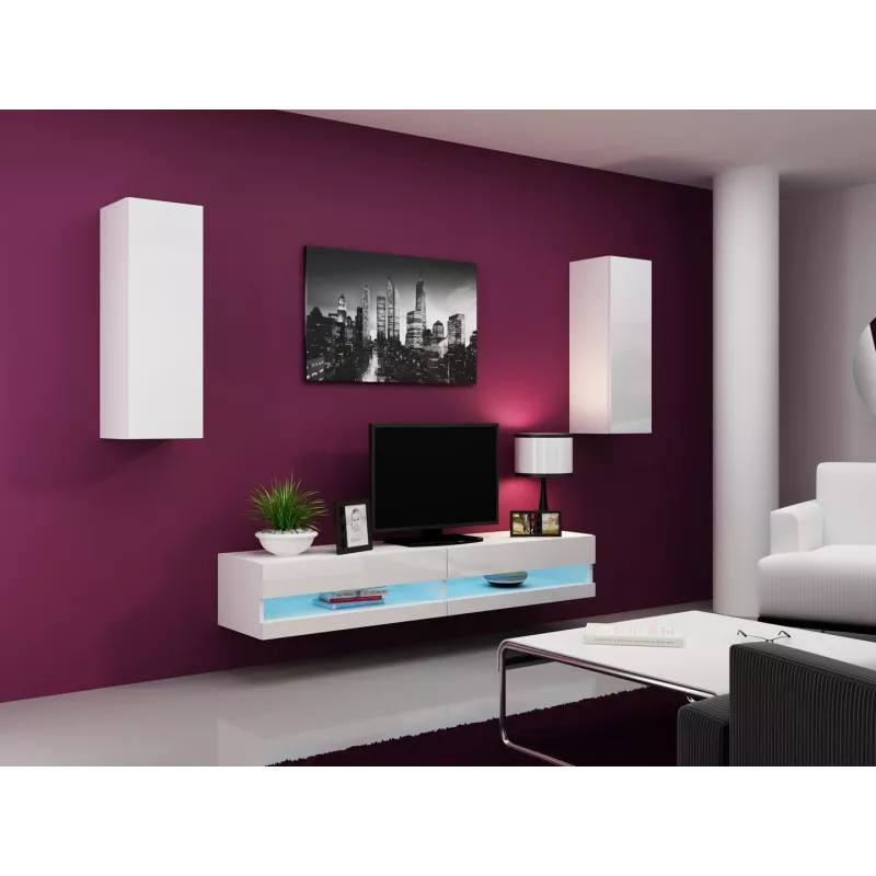 TV stovas cama meble VIGO NEW 30/180/40, baltas blizgus viršus, medžio drožlių plokštė, 1800×400×300 mm