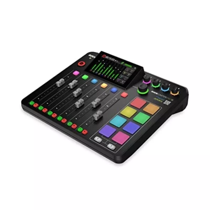 Studijo valdiklis RØDE Caster Pro II juodas — 4 XLR/TRS kombinuotos jungtys, 4 ausinių išėjimai, 8 pagalvėlės, jutiklinis ekranas, Wi‑Fi, Bluetooth, USB‑C