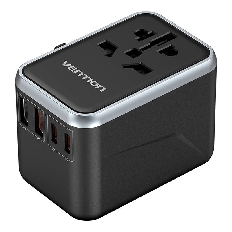 Vention FJFB0 kelioninis maitinimo adapteris 65W – 2× USB-C PD/PPS, 2× USB-A (QC/BC), HDMI išvestis, aliuminis/juodas