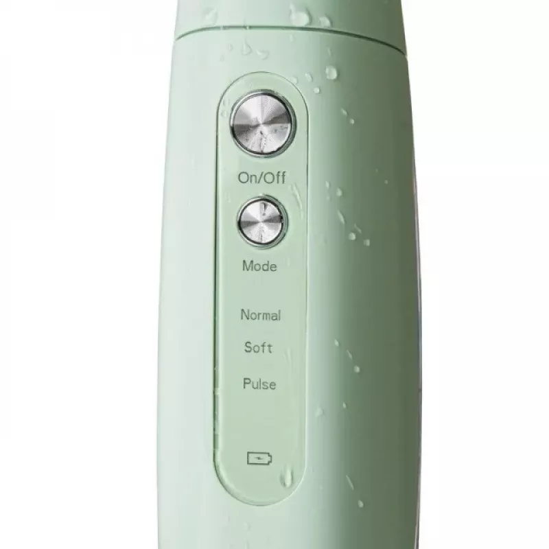 Belaidis oralinis irigatorius Haxe RUBIS HX 716 — vandens slėgis 30–90 psi, 3 galios lygiai, 0,165 L talpa, 4 antgaliai, žalia spalva
