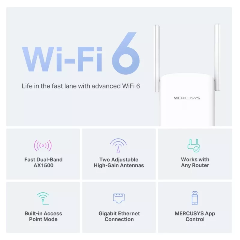 Mercusys ME60X Wi-Fi 6 AX1500 dviejų juostų signalo kartotuvas