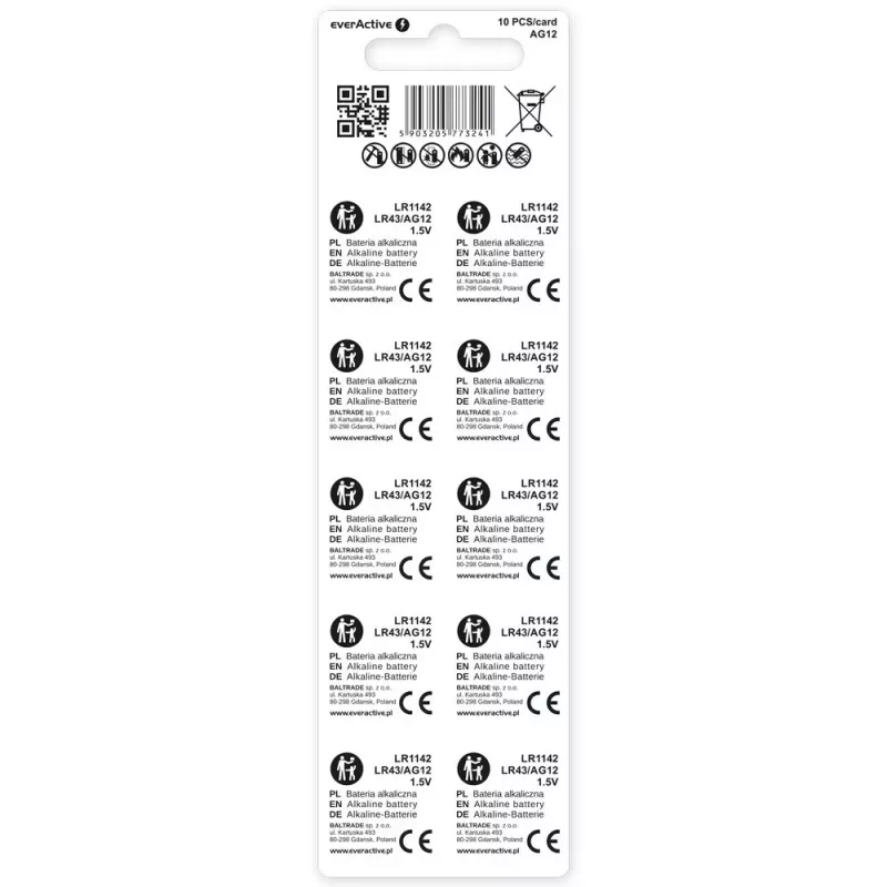 Šarminė monetinė baterija everActive G12 AG12 1,5V – pakuotė po 10 vnt.