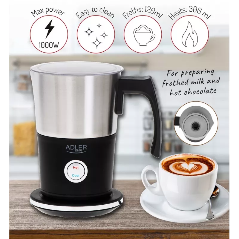 Automatinis pieno putotojas Adler AD 4497 — nerūdijantis plienas, 600 W, putos 120 ml / šildymas 300 ml, karštas ir šaltas
