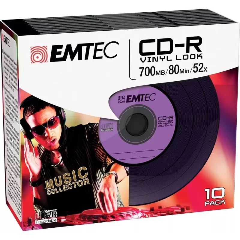 EMTEC Vinyl Look - 10 vnt. CD-R - 700 MB (80 min) 52x - mėlyna, geltona, alyvinė, žalia, rožinė - plonas jewel dėklas