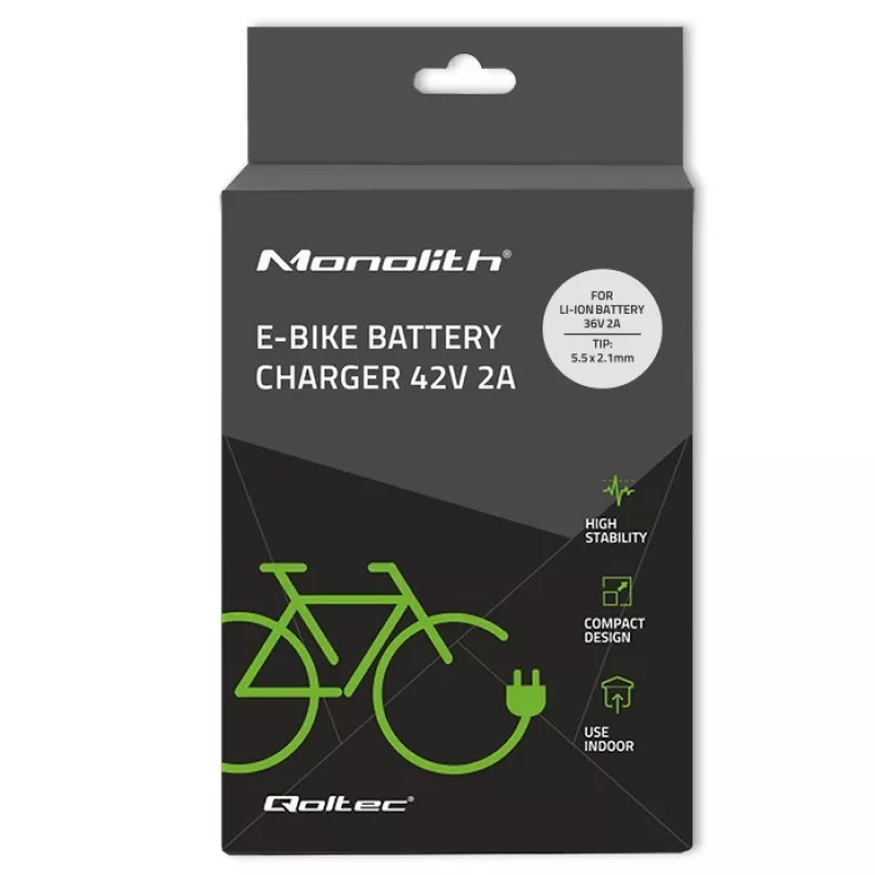 Qoltec 50760 Įkroviklis elektrinių dviračių akumuliatoriams 36V | 42V | 2A | 5,5*2,1