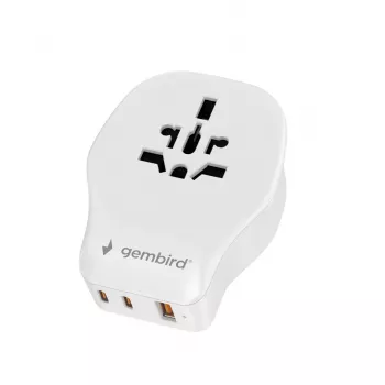 Sieninis kelioninis adapteris GEMBIRD TPA-1A2C20-02-W 20W — 1×USB-A + 2×USB-C, G tipo kištukas, 100–250V, baltas