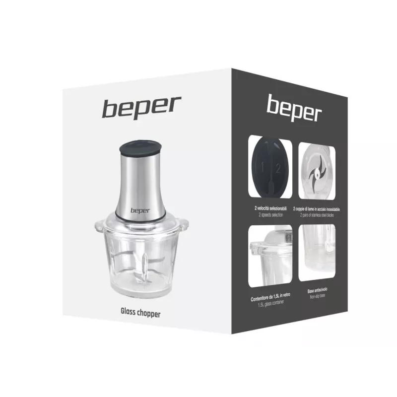 Beper P102ROB001 maisto smulkintuvas, 1,5 l stiklinė talpa, 500 W, 2 greičių režimai, 4 nerūdijančio plieno peiliukai, nerūdijantis plienas / juoda