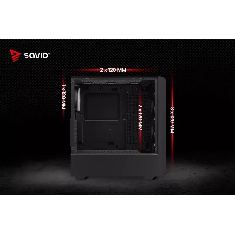 PC korpusas SAVIO Noctis Glass RGB – juodas, ATX/Micro-ATX, 210×410×450 mm, 3×120 mm priekiniai ventiliatoriai