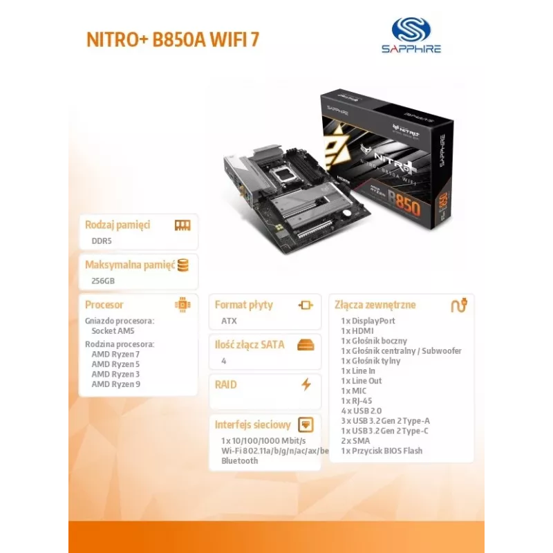 Motininė plokštė Sapphire NITRO+ B850A WIFI 7 AMD B850 Socket AM5 micro ATX, DDR5, 4 DIMM, 256GB, Wi‑Fi 7, 2.5GbE