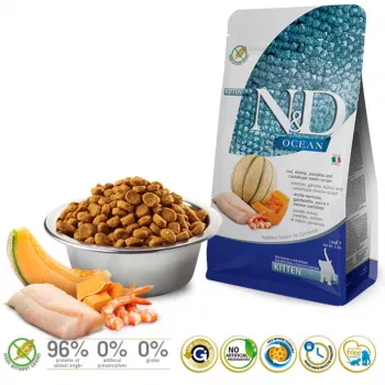 FARMINA N&D Ocean Cat Cod, Shrimp, Pumpkin and Cantaloupe Melon Kitten - sausas ėdalas katėms - 1,5 kg