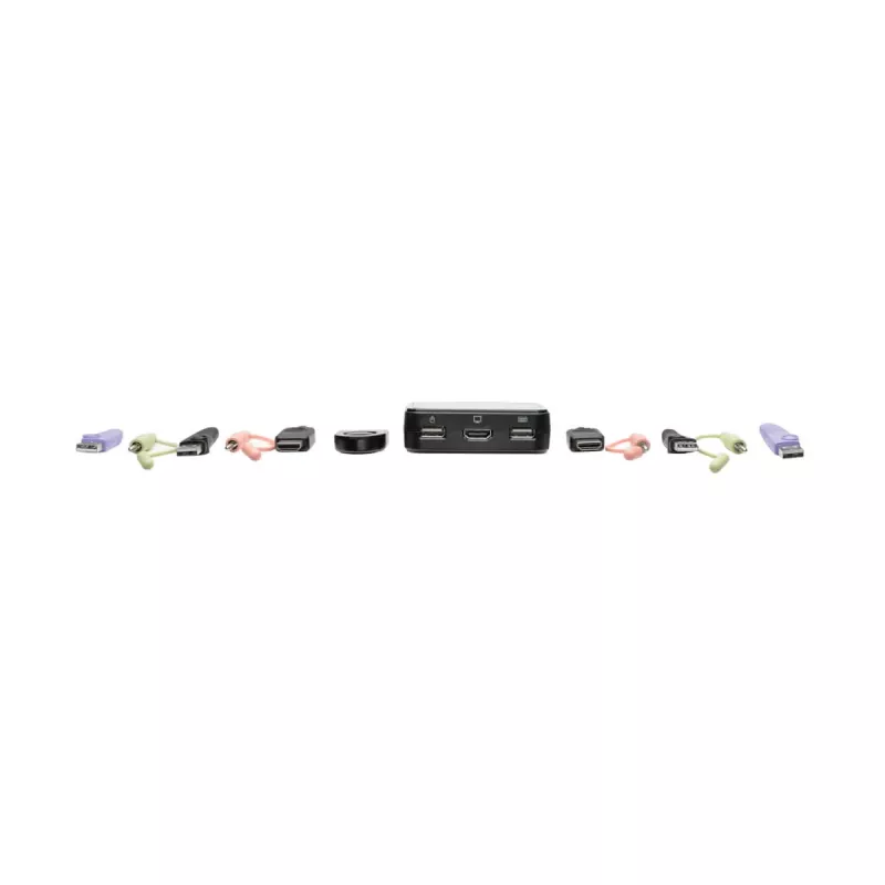 Eaton Tripp Lite serijos 2 prievadų USB/HD kabelinis KVM jungiklis su garsu/vaizdu, kabeliais ir USB periferinių įrenginių bendrinimu - KVM-/garso-/USB jungiklis - 2 x KVM/garso/USB - 1 vietinis vartotojas - darbalaukis