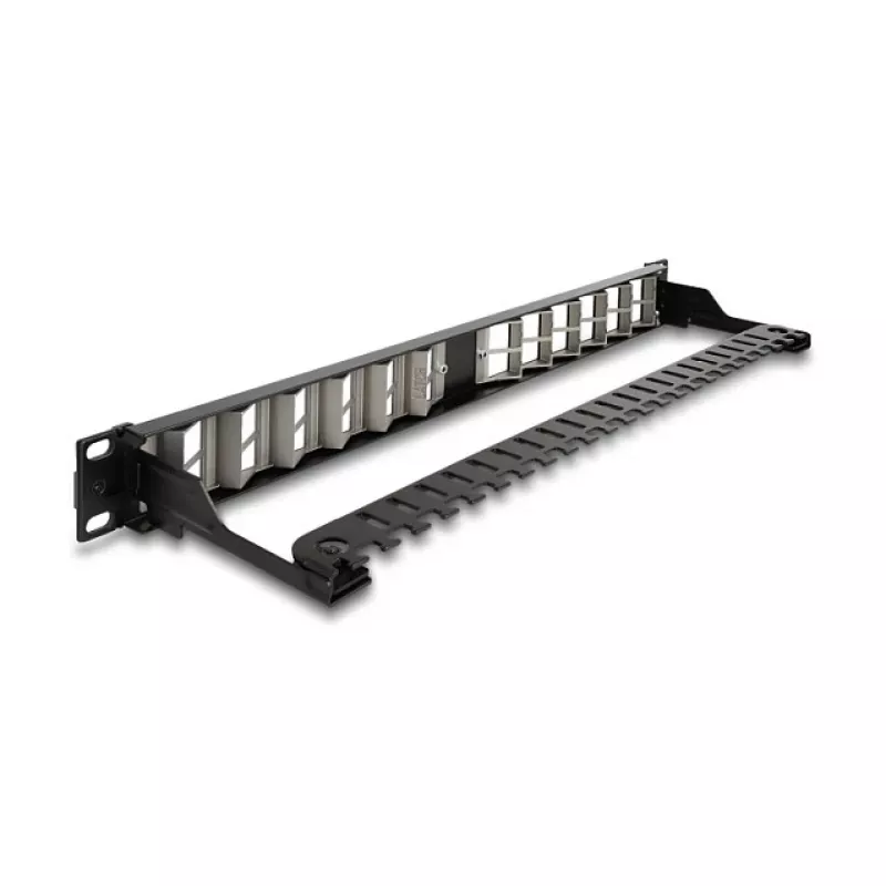 DELOCK 19 colių Keystone pataisų skydelis 24 prievadų kampuotas su įtempimo mažinimu, 1U, juodas, 482,6×125,5×44,2 mm