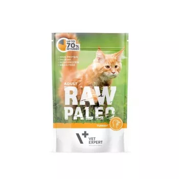Šlapias kačių ėdalas VETEXPERT Raw Paleo Adult Cat Turkey 100 g – be grūdų, 10,3% baltymų, 5,3% riebalų, 79% drėgmės