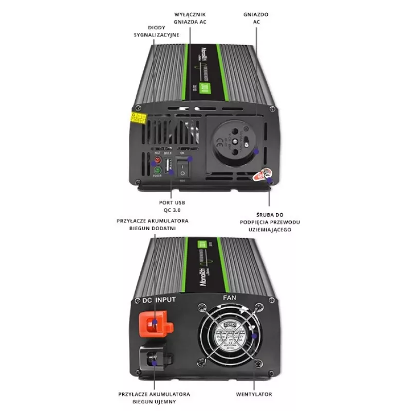 Automobilinis inverteris Qoltec Monolith 2000 W juodas 12 V