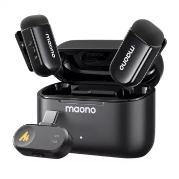 Belaidis mikrofonų rinkinys MAONO WM622 PC2, 2 siųstuvai, USB-C imtuvas, įkrovimo dėklas, 48 kHz/16 bitų, 360° omnikryptis, iki 100 m veikimo atstumas