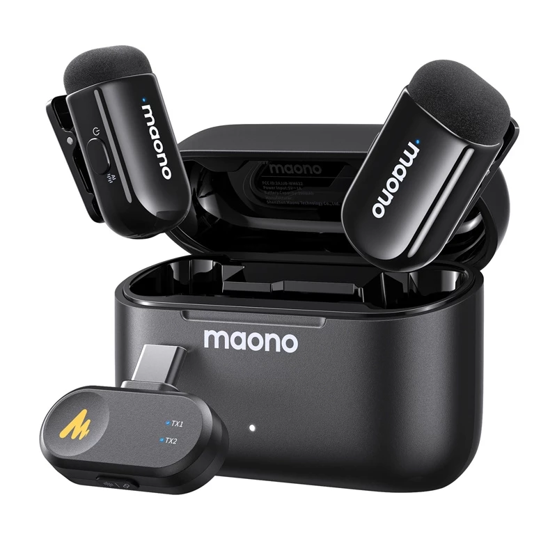 Belaidis mikrofonų rinkinys MAONO WM622 PC2, 2 siųstuvai, USB-C imtuvas, įkrovimo dėklas, 48 kHz/16 bitų, 360° omnikryptis, iki 100 m veikimo atstumas