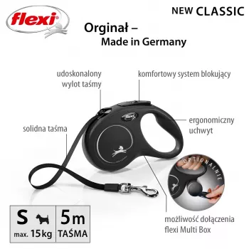 Flexi New CLASSIC 5 m Juodas šuns ištraukiamas pavadėlis