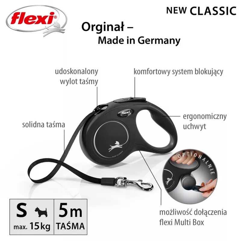 Flexi New CLASSIC 5 m Juodas šuns ištraukiamas pavadėlis