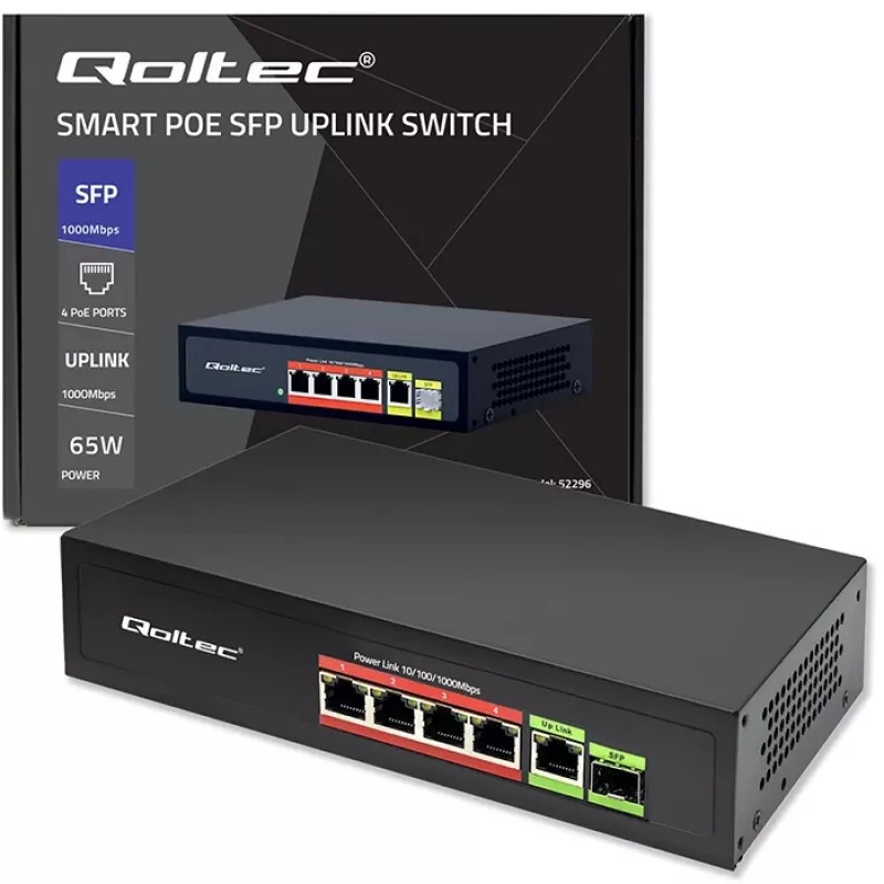 Ethernet PoE jungiklis QOLTEC 52296 — 4x RJ45 PoE prievadai, 1x RJ45 uplink