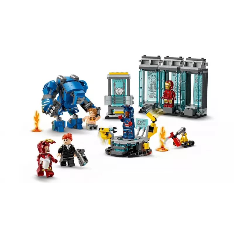 LEGO Marvel Geležinio žmogaus laboratorija su šarvų sale 76315 — 384 dalys, 5 minifigūrėlės, demonstracinė zona