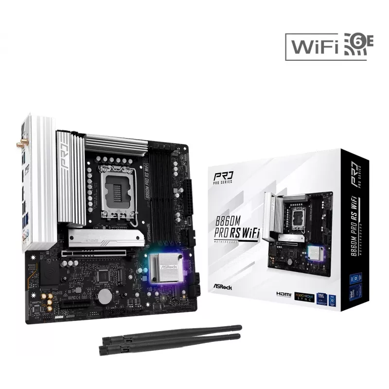 Motininė plokštė ASRock B860M Pro RS WiFi — Intel B860, LGA 1851, micro ATX, DDR5, 4 DIMM, 3x M.2, 2,5Gb LAN, Wi-Fi, Bluetooth