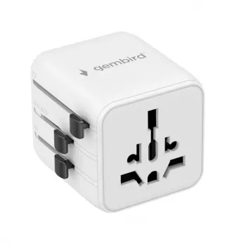 Universalus kelioninis adapteris GEMBIRD TPA-INT-01-W, įvadas 100–250V, G tipo kištukas, 84×56×85 mm