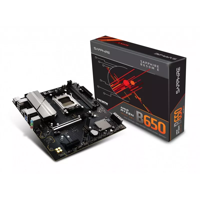 Motininė plokštė Sapphire B650M-E (AMD B650) micro ATX, lizdas AM5, DDR5, 2x DIMM, 96GB, 2x M.2 (PCIe5/4), 4x SATA III, 2.5Gb LAN