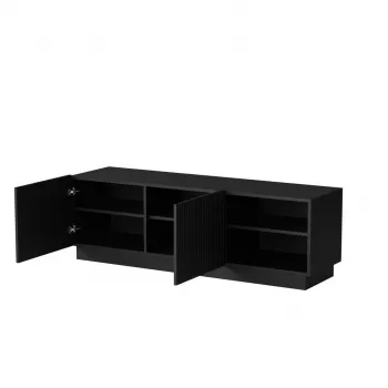 TV spintelė Cama Meble LIVERTI 150x42x48 cm, juoda medžio drožlių plokštės viršus, juodas rėmas