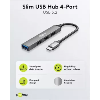 Goobay Slim 4 prievadų USB šakotuvas, USB-C™ į USB-A, USB 3.2 (74457)