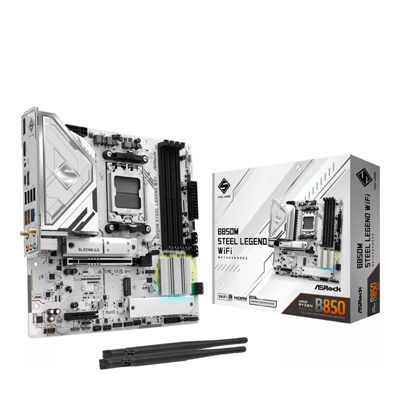 Motininė plokštė ASRock B850M Steel Legend WiFi — AMD B850, lizdas AM5, microATX, DDR5, 4 DIMM, Wi‑Fi 7, 2.5Gb LAN