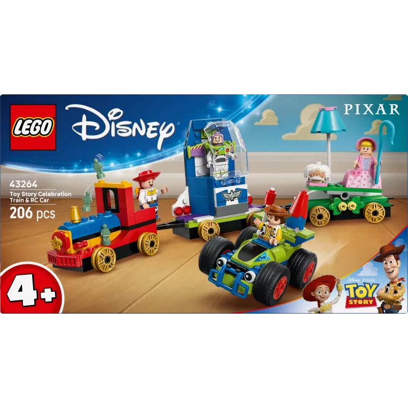 LEGO Disney Toy Story šventinis traukinys ir RC automobilis 43264 – 206 dalių, 4 minifigūrėlės, nuo 4 metų
